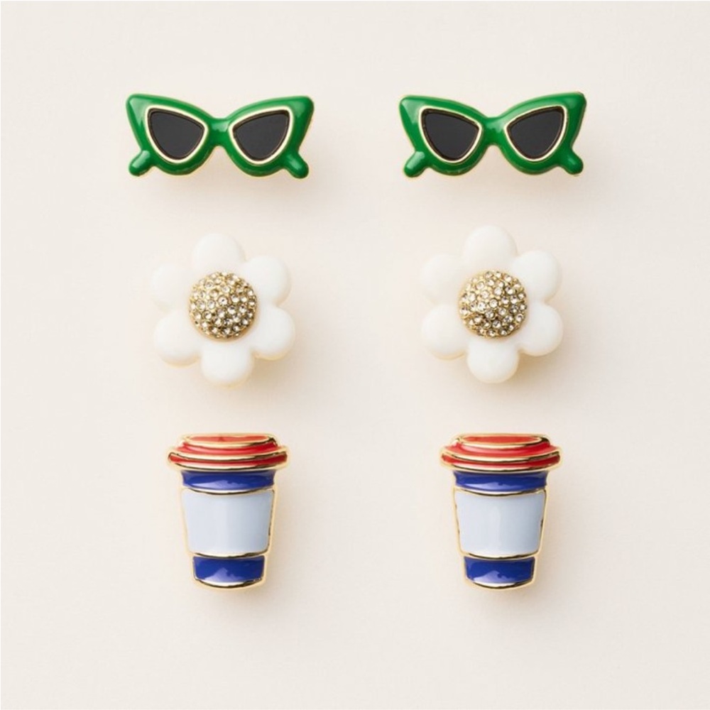 New Kate Spade boxed 3 pairs summer enamel earrings coffee sunglasses daisy